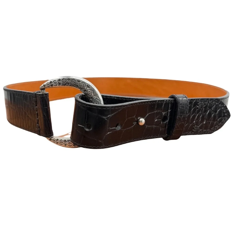 Brighton Belt VTG Womens SZ XXL Black Western Croc Embossed Leather Artisan NEW